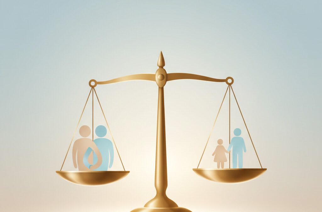 Ilustración de una balanza equilibrando figuras de padres e hijos, simbolizando la resolución de conflictos familiares por la vía legal.