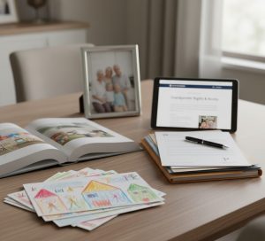 Escritorio de madera con una tablet que muestra información sobre derechos de los abuelos, junto a dibujos infantiles y documentos legales.