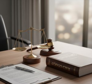 Código Civil junto a una balanza de la justicia y un mazo, representando la normativa legal en desacuerdos de patria potestad.